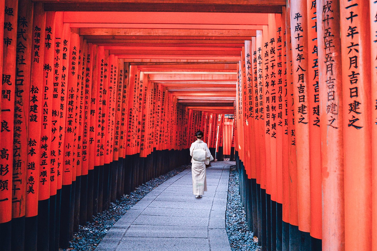 江戸時代の日本を彷彿させる着物女性と鳥居